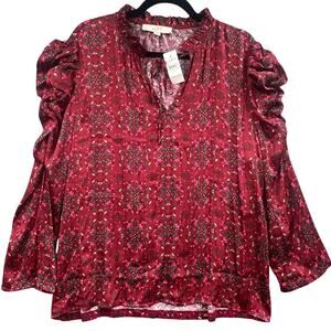 Loft Top XL Red Floral Puff Sleeve Ruffle Collar Feminine Boho Cottage Preppy